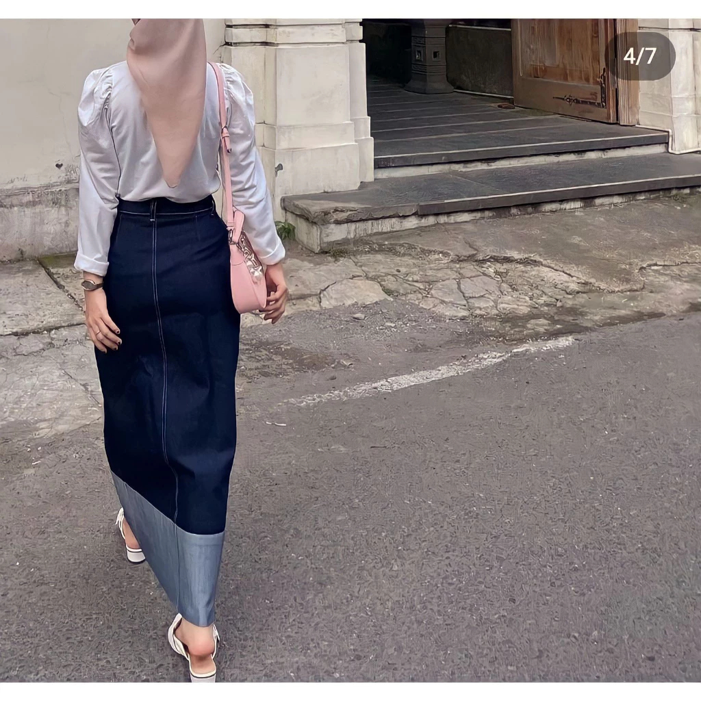 Rok Skrit Two Tone Jeans Highwaist Wanita Streach Bajuratu