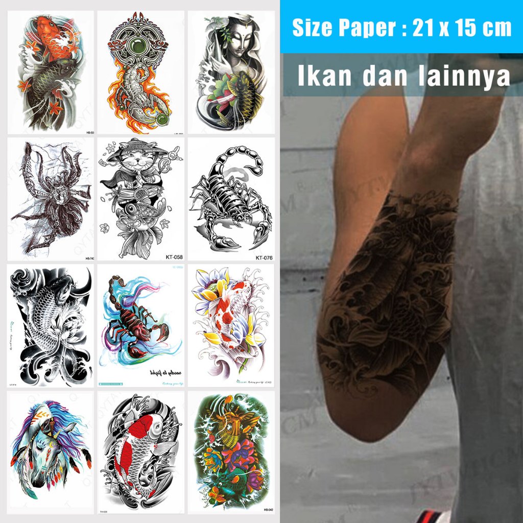 Sticker Tato Temporary Desain Ikan Koi, Naga, dan Motif Unik untuk Pria & Wanita