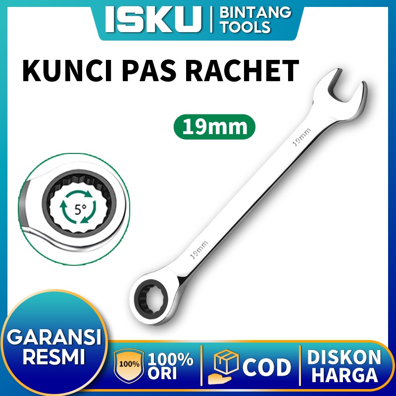 ISKU Kunci Ring Pas Sst Rachet 19mm Multifungsi Kunci Ring Pas Bolak Balik Ring Pas Kunci Rachet