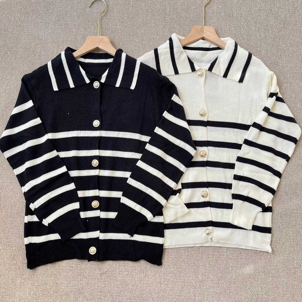Lavina Cardy Knit Rajut Berkerah Salur Stripe - Cardigan Rajut Stripe