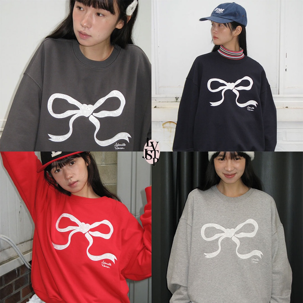 RONRON Heart Ribbon Lace Applique Sweatshirt