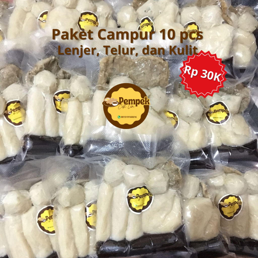 

10 Pcs Pempek Palembang Mix Telur, Adaan, Kulit dan Lenjer Frozen Full Ikan 100% + Cuko