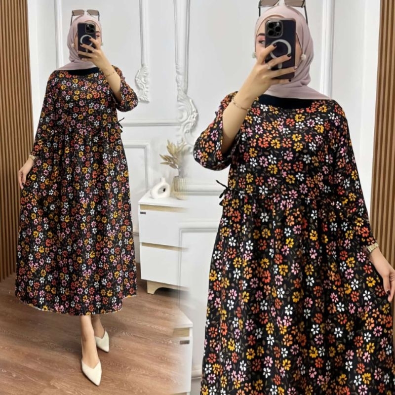 DRESS MIDI MELISA RAYON PREMIUM LD 110 POLOS MOTIF BUNGA  / GAMIS RAYON MURAH MERIAH/ GAMIS HARI RAY