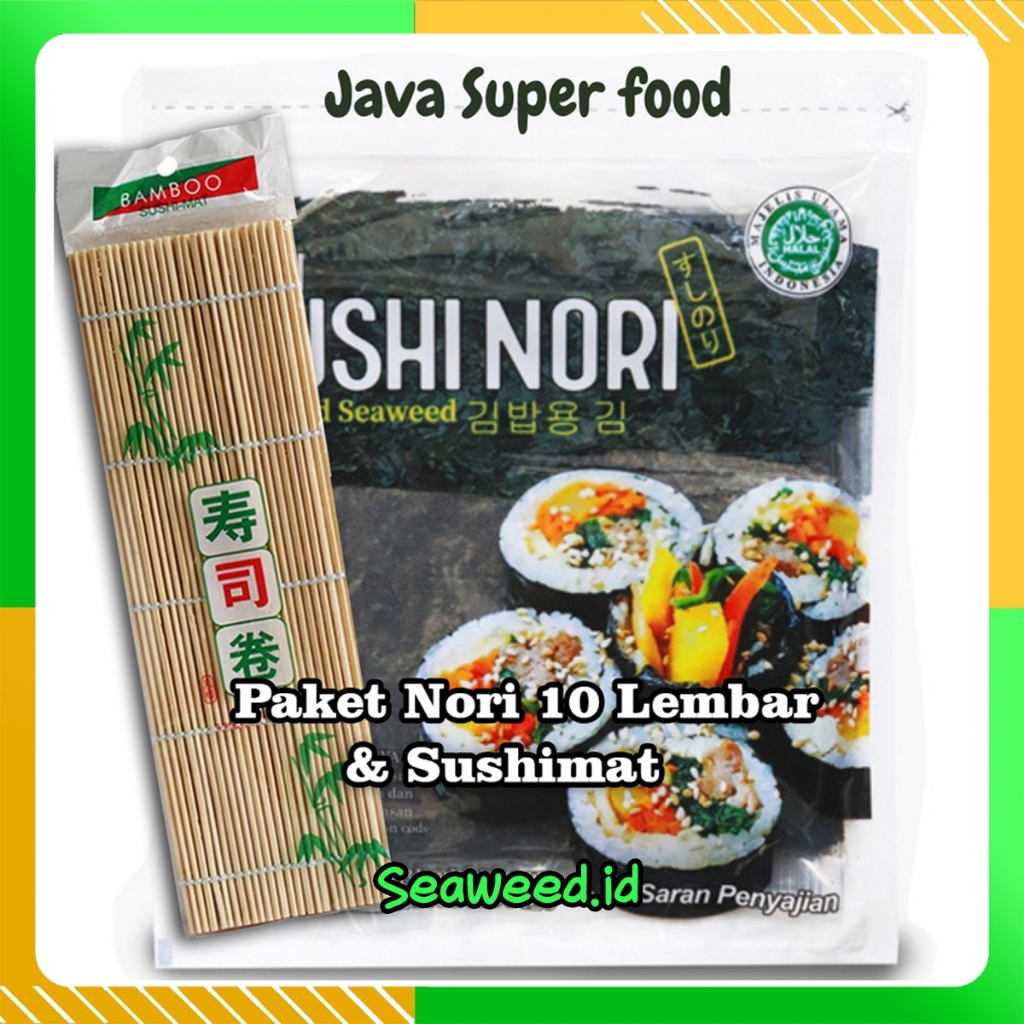

PAKET - Rumput Laut 10 Lembar Seaweed Sushi Nori JAVA SUPER FOOD Beserta Sushimat Halal MUI Kimbap Sushi