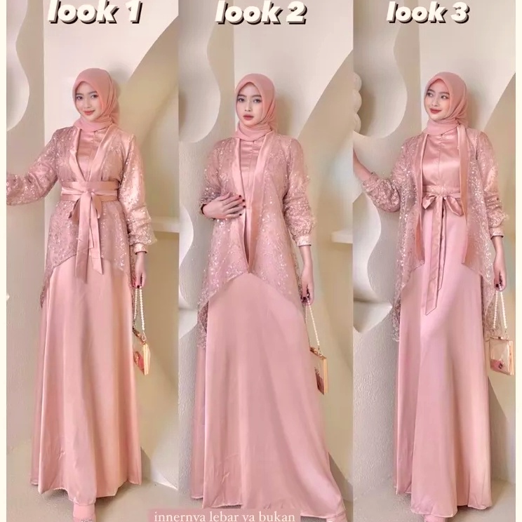 Obral Belanja  Veloxa Dress Fuji 3 In 1 Dress satu Set Inner Outer Kimono Queenbee Fashion Gamis Mus