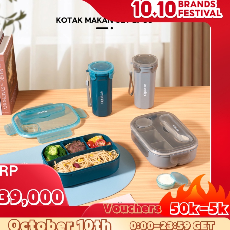 Diskon Merakyat ready stock1 Anti Tumpahecentio  FOODI 4 Sekat Grid 12ml Kotak Makan Set anak dan 5m