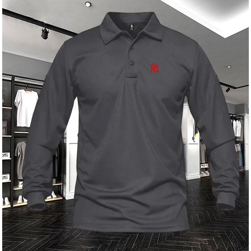 Kaos kerah Polo Pria Lengan Panjang / Kaos Polo Logo NY Merah/ Wangki Pria Bahan Tebal