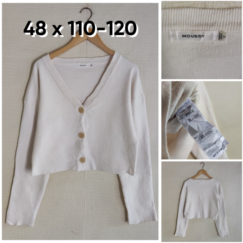 Cardigan Crop MOUSSY Ivory V Neck Size L Wanita Atasan Cewek Outer Knit Sweater Tebal GF539