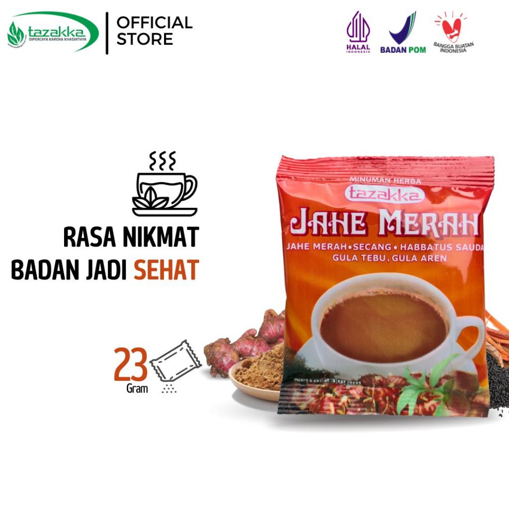 

TAZAKKA Jahe Merah Bubuk Murni Original Plus Gula Aren Asli Minuman Herbal Sachet Renceng 6in1