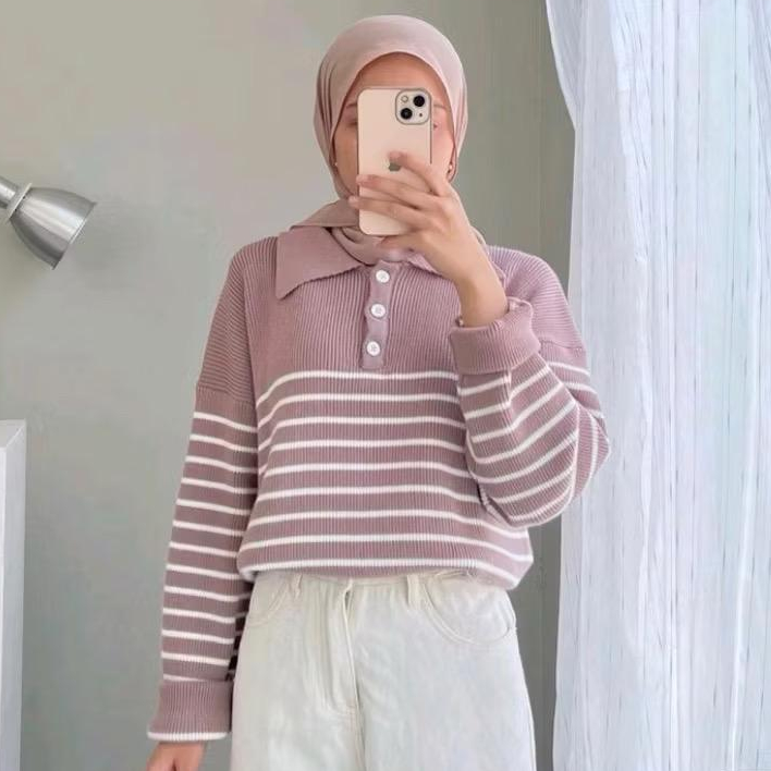 SWEATER RAJUT WANITA KOREAN MOTIF GARIS/DAVINA SWEATER RAJUT KANCING DEPAN