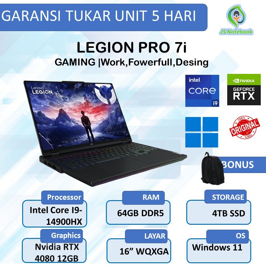 LENOVO LEGION PRO 7 16 I9 14900HX RTX4080 12GB/ 64GB 4TB W11+OHS 16.0WQXGA 240HZ 100DCIP3 PKRGB 3Y+3