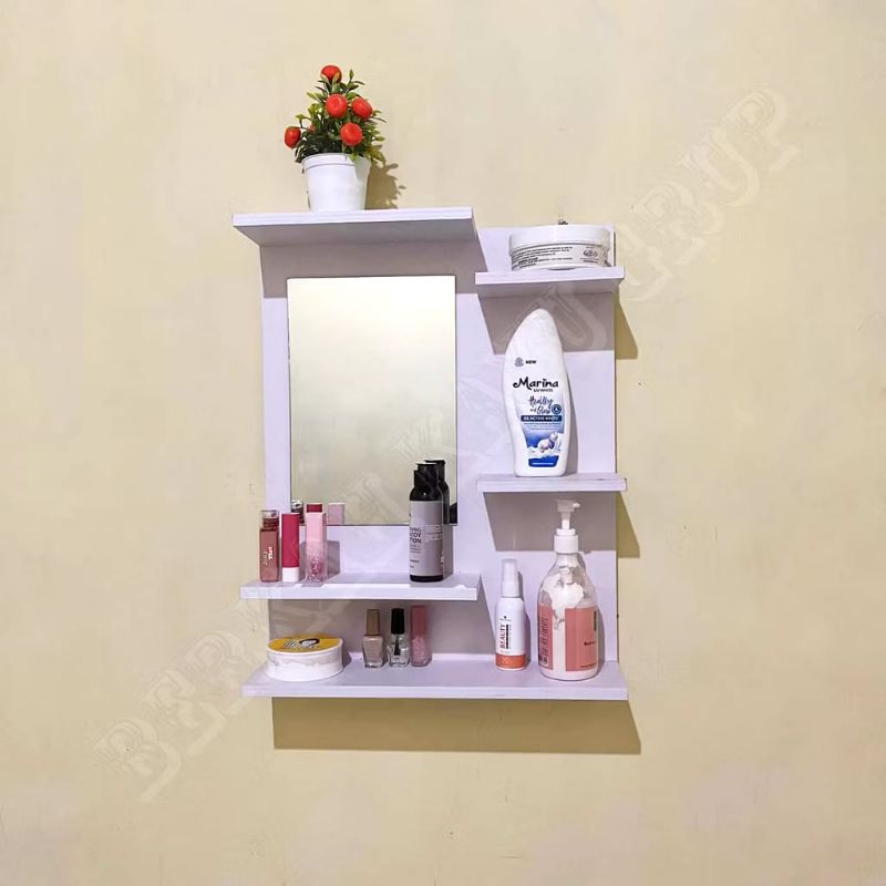 Rak Rias Kosmetik Cermin Kaca Dinding kayu Estetik tempat alat makeup skincare serbaguna