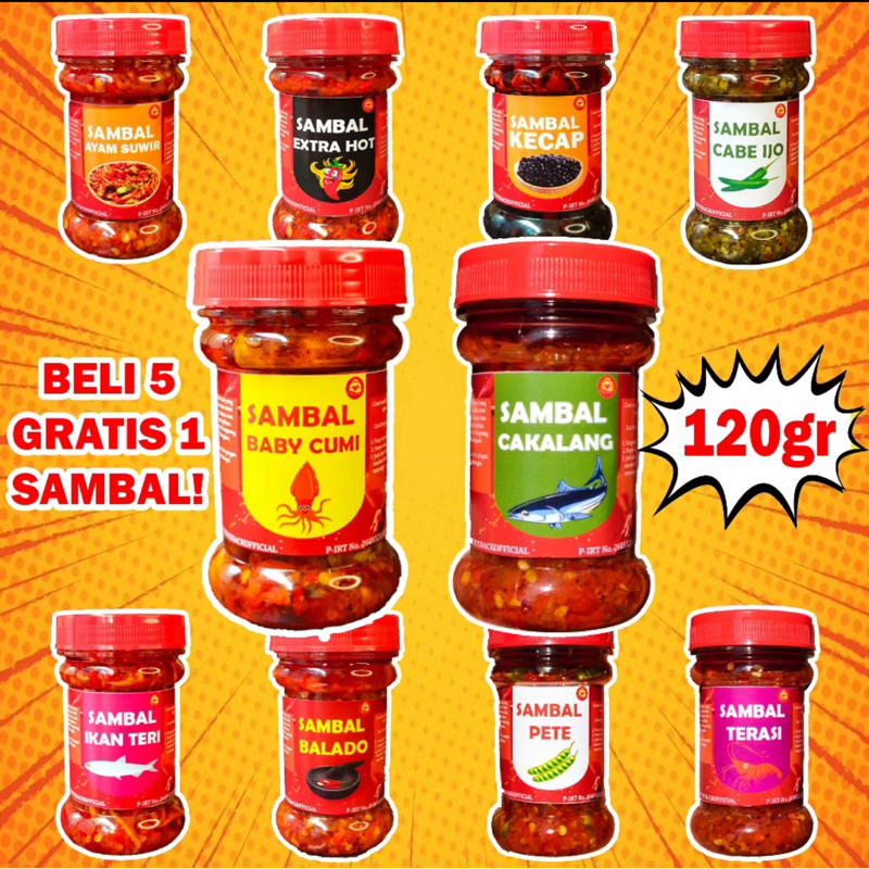 

SAMBAL BABY CUMI/SAMBEL CAKALANG/PETE/CABE IJO/TERI/BALADO/EBI/EXTRA HOT/KECAP PEDAS/AYAM SUWIR KEMASAN 120gram