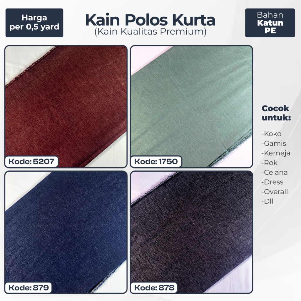 (0,5 Yard) Kain Untuk Sarimbit Koko & Gamis | Kain Polos Premium | Kain Kurta | Bahan Katun PE