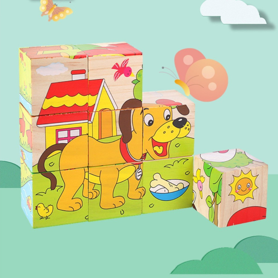 Mainan Edukasi Anak Montessori Puzzle Kubus Kayu Edukasi Anak 6 Gambar Dalam 1 Produk - 10.5 cm