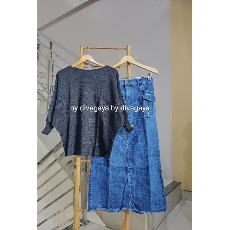 Setelan Wanita Jumbo Neldia Atasan Batwing Rajut Rok Jeans Kargo Span Fashion Kekinian