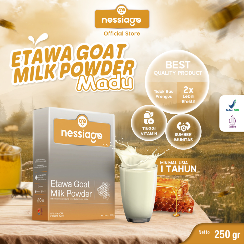 

Nessiago Susu Kambing Etawa Bubuk 250 Gr Rasa Madu Murni | Ettawa Goat Milk Powder Drink COD Natural Asli Herbal Pemulihan Pengobatan Sesak Nafas Paru Paru Asam Urat Saraf Kejepit Alergi Rematik Perkokoh Tulang Gigi Lansia Orang tua BalitaTerjangkau tunai