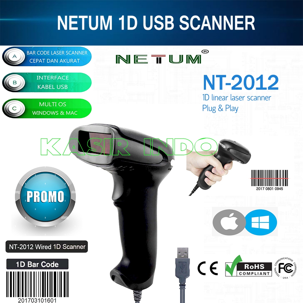 BARCODE SCANNER NETUM NT-2012 1D - KABEL USB + STAND