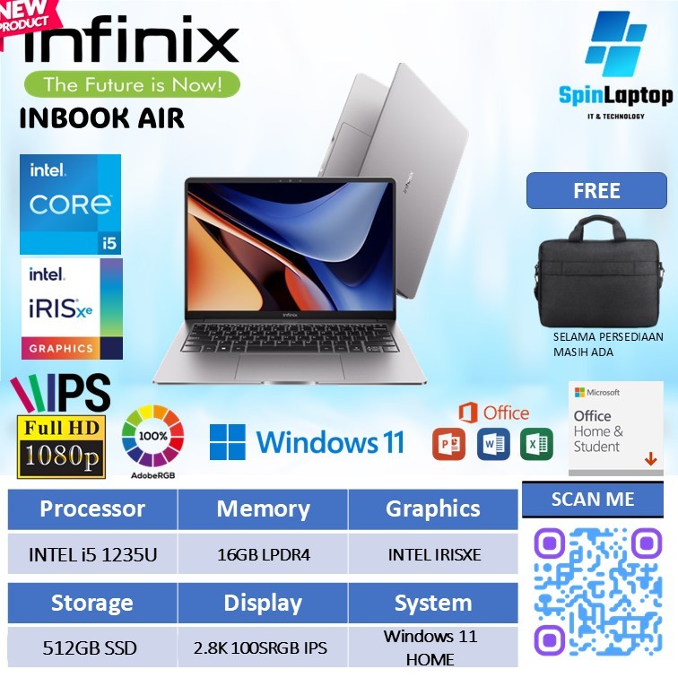 Laptop Infinix inbook Air core i5 1235u 16gb /512gb Layar IPS 100sRGB Windows 11 +Office