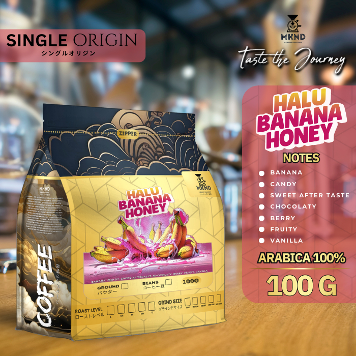 

KOPI ARABIKA HALU BANANA HONEY 100 GRAM SINGLE ORIGIN SPECIALTY COFFEE | MKND COFFEE ROASTERY