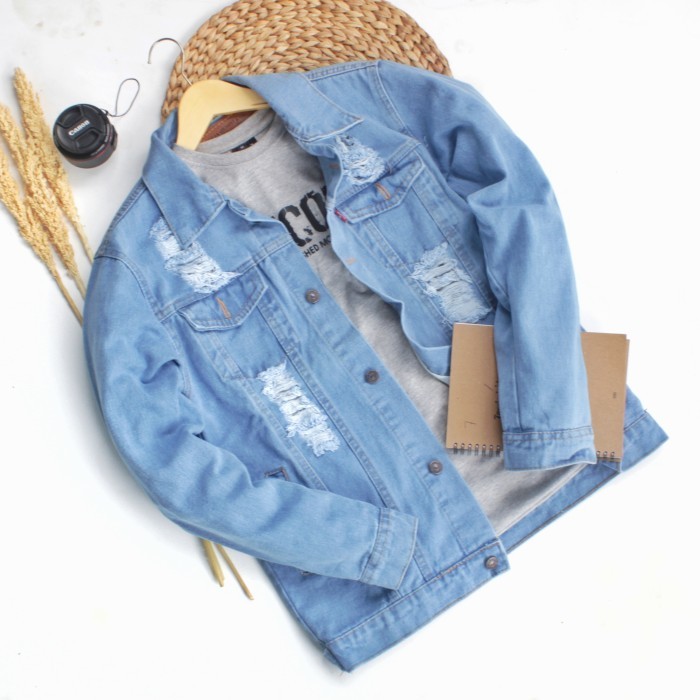 Jaket Jeans Pria Jaket Jeans Sobek Sobek Jaket Denim Pria Sobek Scrub M L XL
