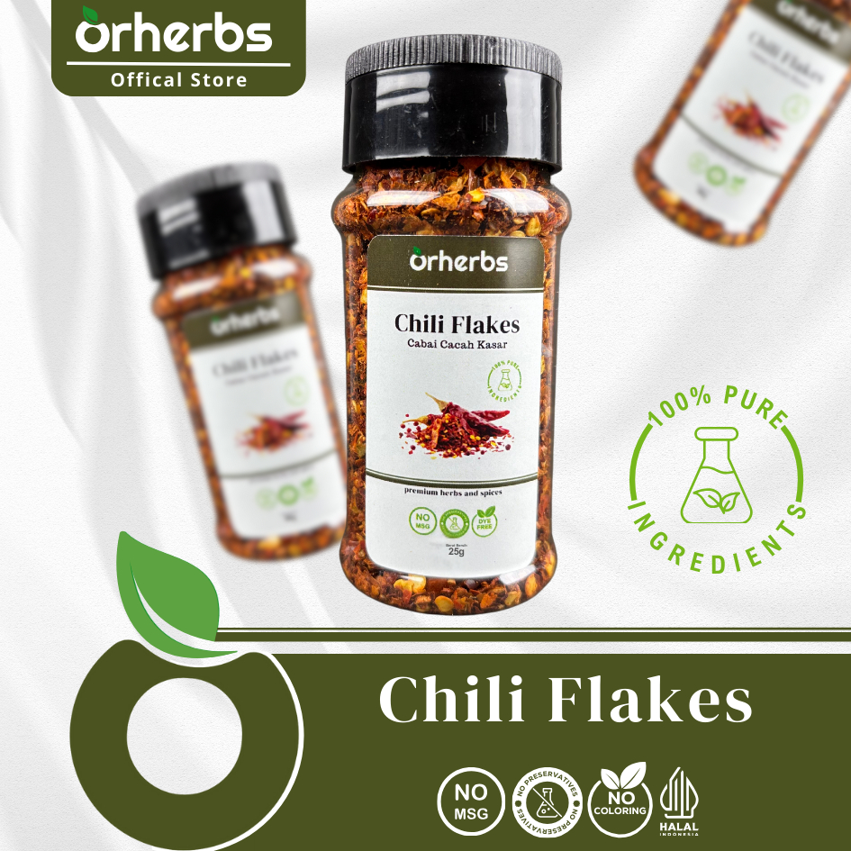 

Orherbs Chili Flakes Non MSG 25gr | Cabai Remah Cabai Cacah Bubuk Rempah | Garlic Powder 100% Murni Halal