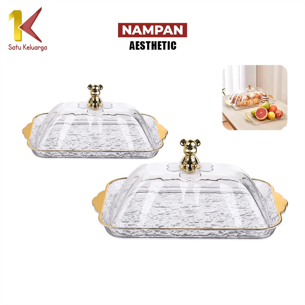 Satu Keluarga Set Nampan Saji Transparan Aesthetic C1206 Baki dengan Tutup Nampan Mewah Handle Gold