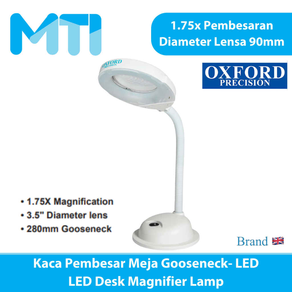 

OXFORD Kaca Pembesar Meja Gooseneck- LED 1.75x Pembesaran Diameter Lensa 90mm LED Desk Magnifier Lamp