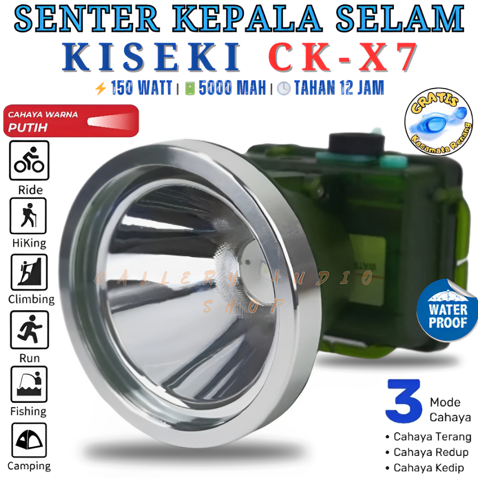 Senter Kepala Selam Kiseki CK-X7 150 Watt Bonus Kacamata Selam | Senter Diving Super Terang Anti Air