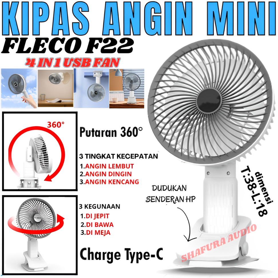 Kipas Angin Portable Mini Meja Traveling Jepit F-22 - Kipas Angin 4in1 | ( Kipas Meja, Kipas Dinding