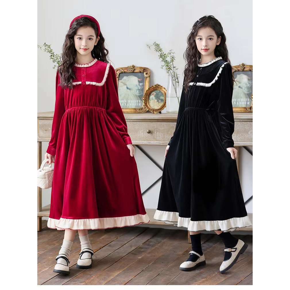 Gaun Velvet Musim Dingin Anak Perempuan Warna Merah Crimson & Hitam Onyx Pesta, Acara Malam ZR8