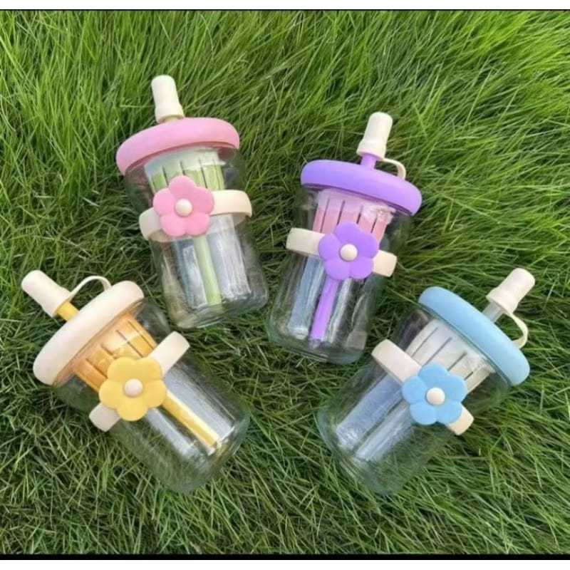 Botol minum kaca motif bunga bottle gelas flower botol minum unik dengan sedotan silikon 500ml terba