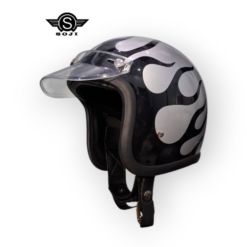 SOJI Helm Slim Head 500tx Flame Api Hitam Pet Slim Japan