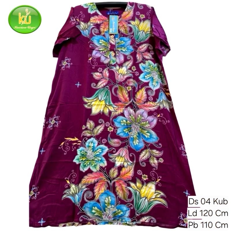 Daster Lengan Pendek Wanita Dewasa Batik Kencana Ungu Label Biru Original Ld 120 Cm Kancing Depan Bu