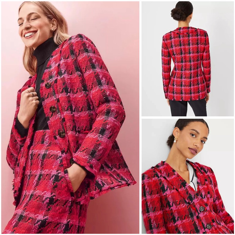 Tweezed Blazer Pink by Ann Taylor Button Jacket Plaid Women