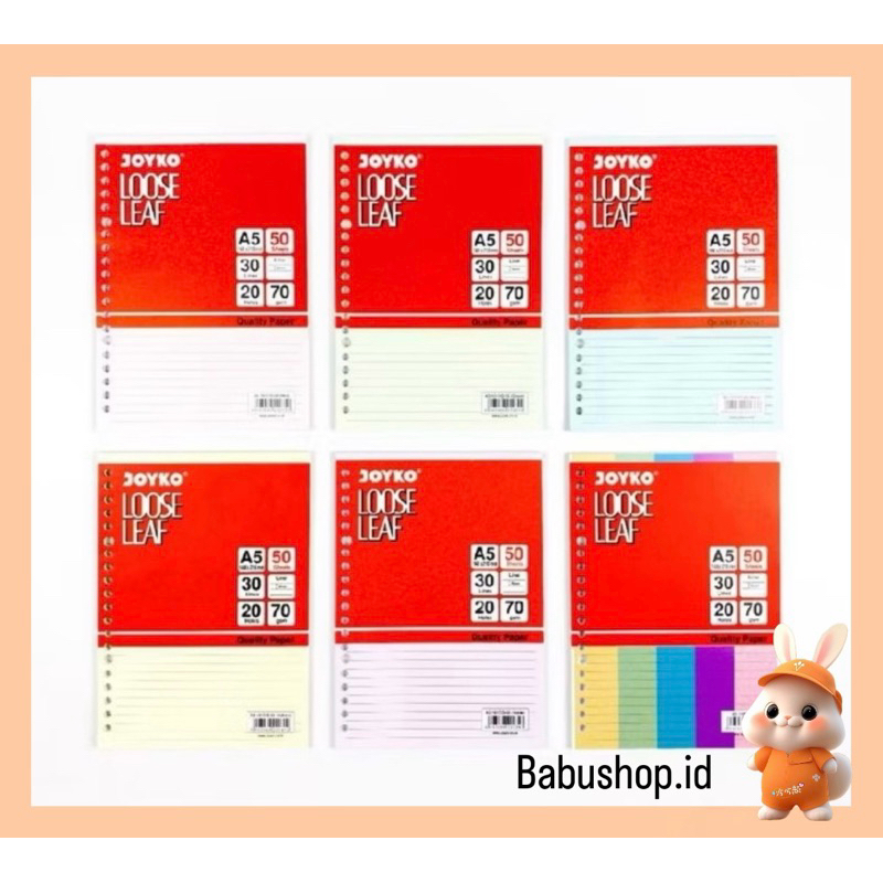 

BBS Isi / Refill Kertas Binder / L00se Leaf Warna / ColorA5 20 Holes isi 50 Lembar Joyko
