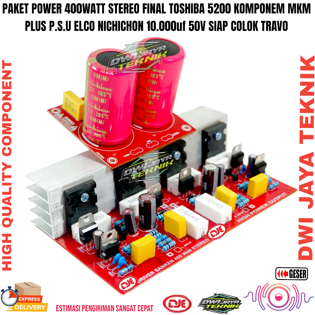 Paket Power 400Watt STEREO Final Toshiba 5200 Komponen MKM Plus P.SU Sap Colok TRAVO