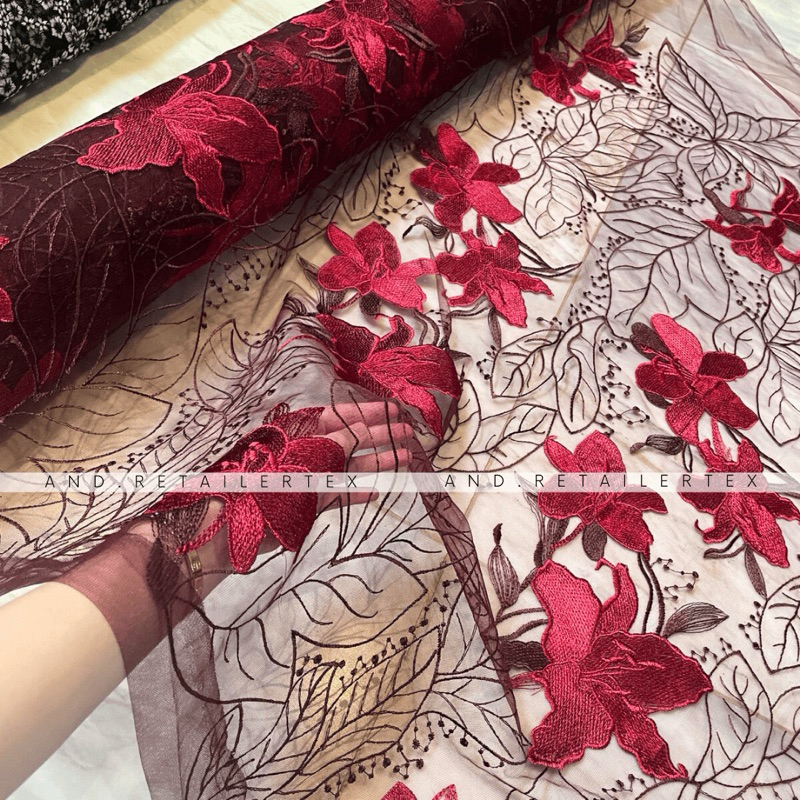 D3v Bahan Kain Brokat Mewah Tile Embroidery Summer Floral Motif Bunga Besar 2tone