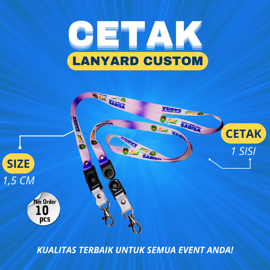 

Tali Lanyard 1,5 cm 1 sisi Custom untuk Nama, Logo, atau Slogan Desain Sesuai Permintaan