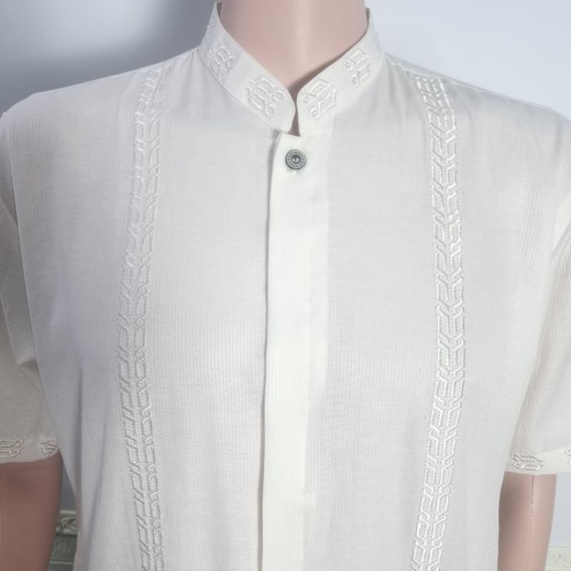 Baju Koko Dewasa Tangan Pendek Putih Tulang dibordir