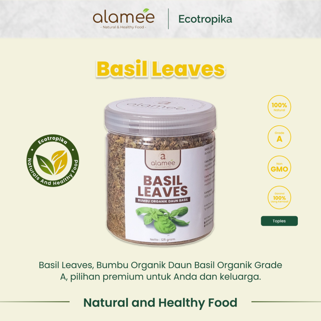 

Alamee Bumbu Organik Daun Basil, Bassil Kering Bumbu Dapur Dried Leaf Murni Asli Tanpa Campuran Organik