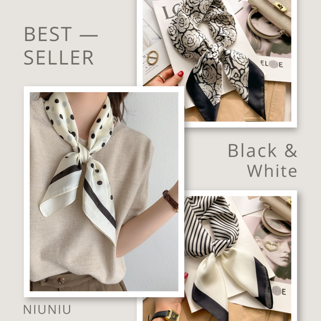 LAM Neck Scarf 70x70cm/Silk Scarf/Syal Leher Wanita/Motif Hitam Putih