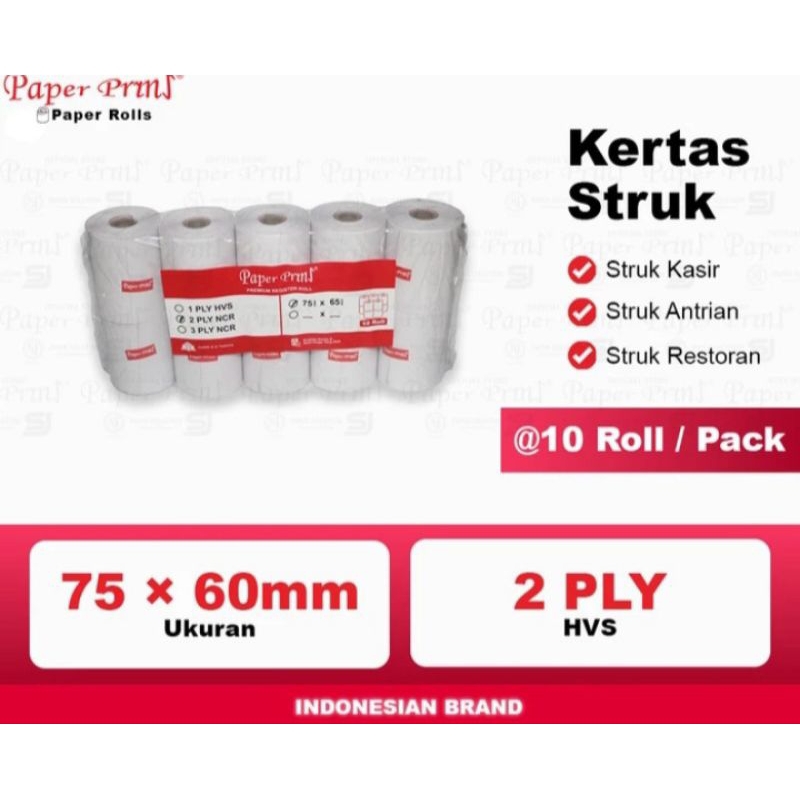 

Paper Pryns Register Roll / Kertas kasir / Struk uk 75 x 65 2ply. - Pack isi 10 Roll.