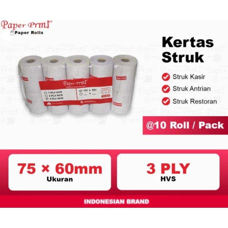 

Paper Pryns Register Roll / Kertas kasir / Struk uk 75 x 65 3ply - Pack isi 10 Roll.