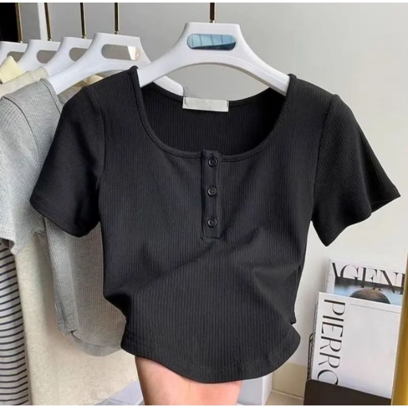 Wiggle Crop Top Lengan pendek | Baju Wanita Kancing Rib Crop