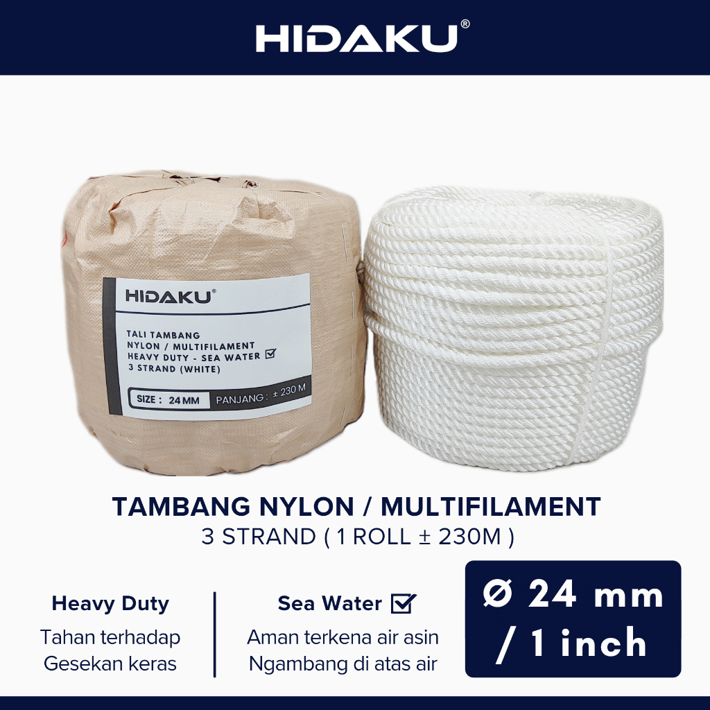 HIDAKU tali tambang nylon 24mm ROLL / tambang nilon 24mm / 1 inch ROLL / tambang nylon 1 inch / tali