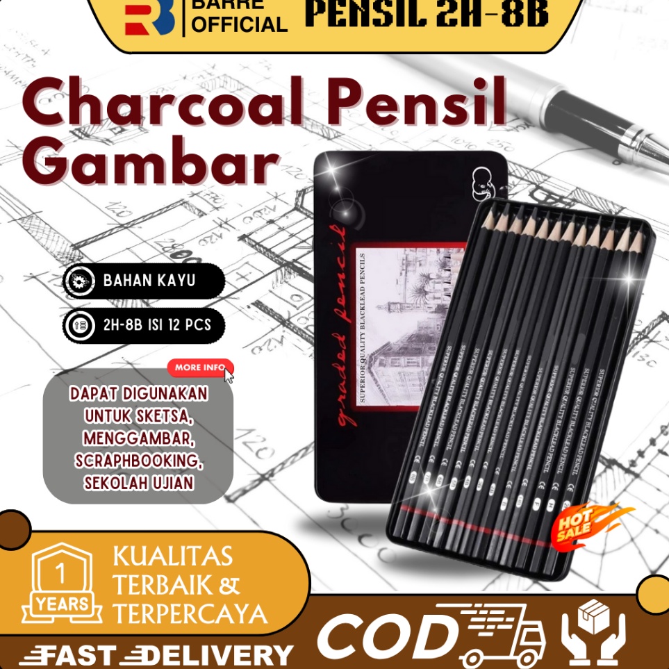 

Super Heboh BARRE 12 Pcs Pensil Gambar Sketsa Set Lengkap 2H H F B HB 2B 3B 4B 5B 6B 7B 8B Charcoal Pensil Set