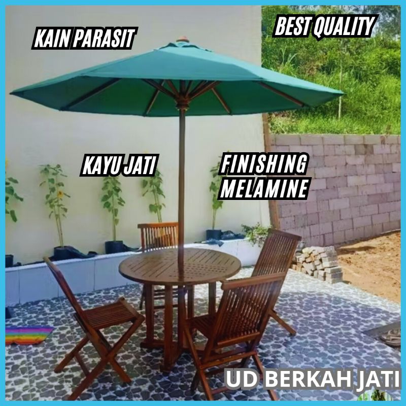 set meja payung taman cafe, set payung jati outdoor, set payung 4 kursi, tenda payung pantai dan res
