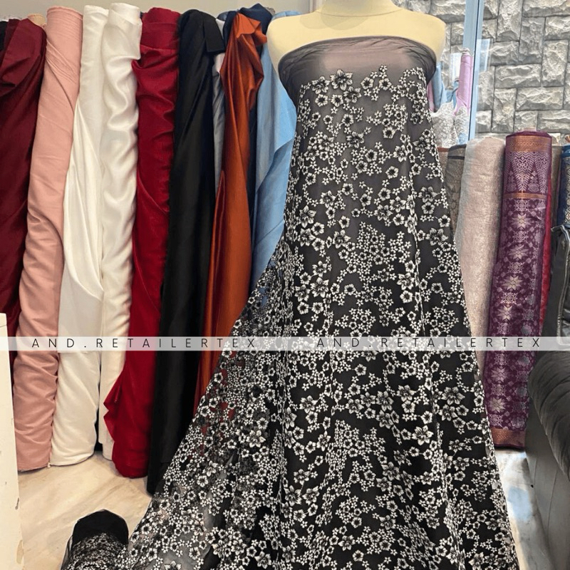 Bahan Kain Brukat Mewah Tile Embroidery Sakura 2 tone Motif Bunga Kecil Kecil Rapat High Quality