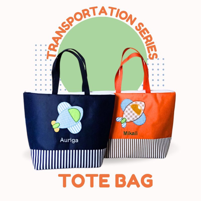 Souvenir Ultah Anak Laki-Laki Custom Totebag Tema Gambar Roket, Pesawat dan Balon Udara